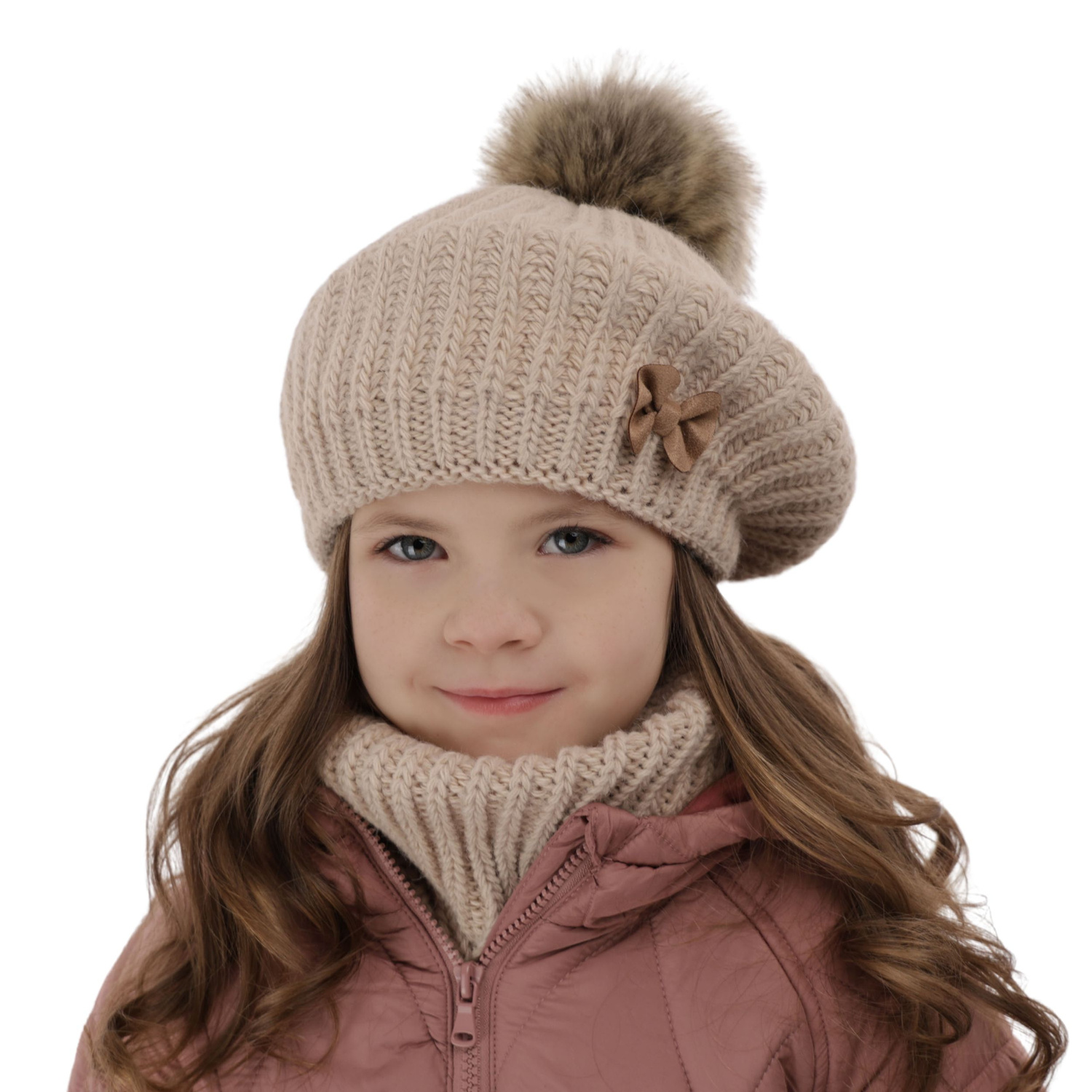 Meisjes winter set muts en buissjaal, beige, met garen pompon, Polinezja
