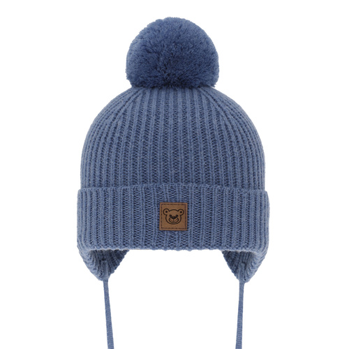 Jongens wintermuts, blauw, met bindkoorden, 100% Merino Wol, gevoerd met katoen, Tofik