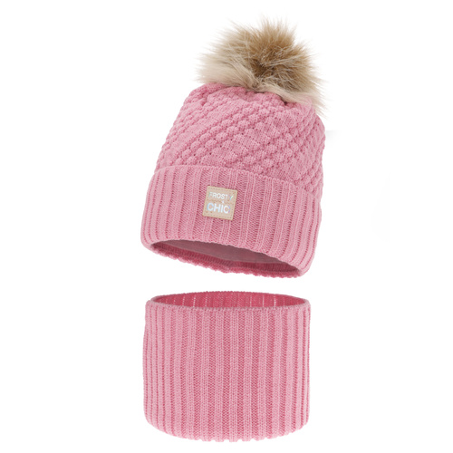 Meisjes winter set muts en buissjaal, roze, met garen pompon, Alena