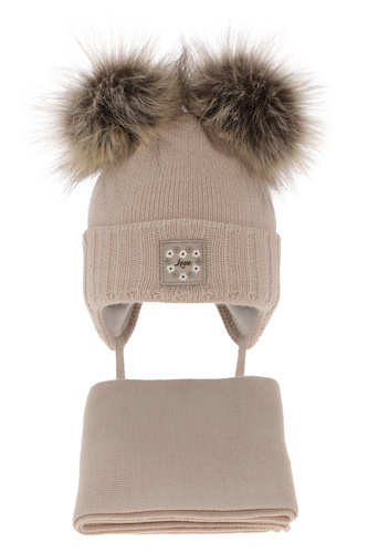 Meisjes winter set muts en sjaal, beige, met twee pompons, Jazz