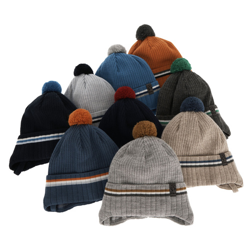 Jongens herfst/lente muts, blauw, met bindkoorden, met garen pompon, Vesper