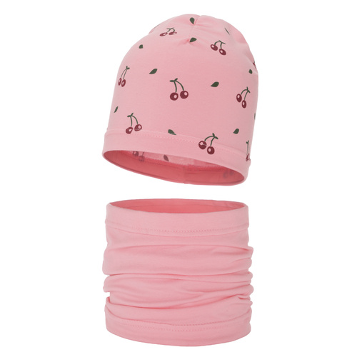 Meisjes herfst/lente set muts en buissjaal, roze, katoenen, Cerise