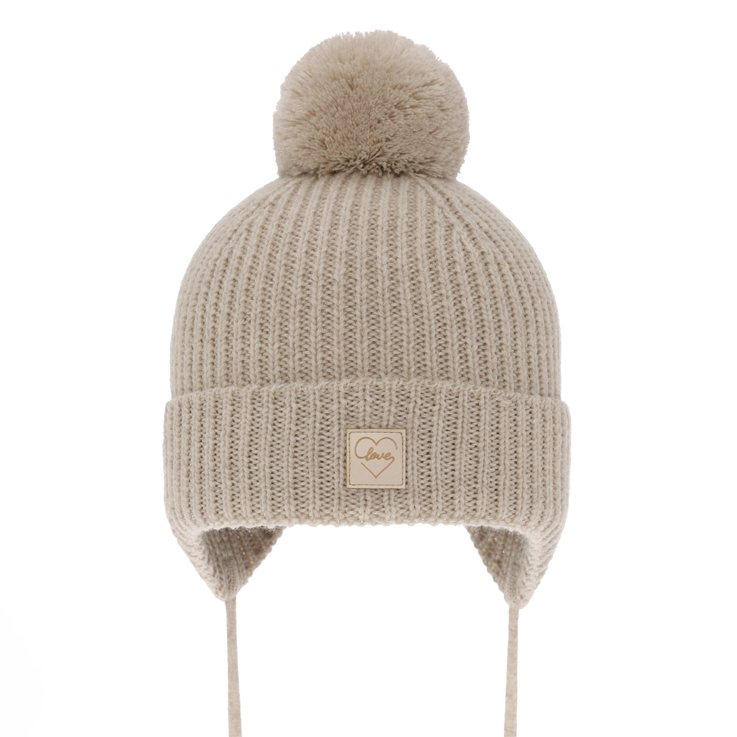 Meisjes wintermuts, beige, met merinowol, gevoerd met wolvilt, met garen pompon, met bindkoorden, Hakkari