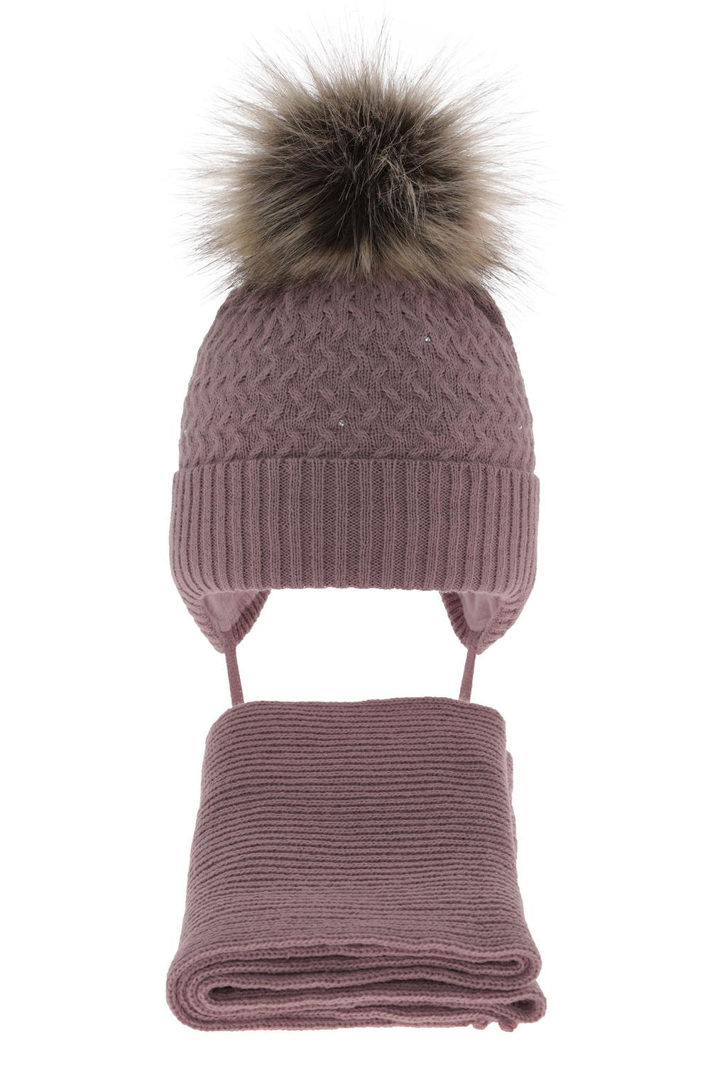 Meisjes winter set muts en sjaal, paars, met garen pompon, met bindkoorden, Zelta