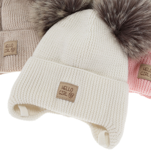 Tyttöjen talvipipo, beige, 100% Merinovilla, villafleeceevuorilla, nauhoilla, Trudina