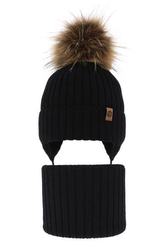 Jongens winter set, zwart, 100% Merino Wol, met bindkoorden, Juno