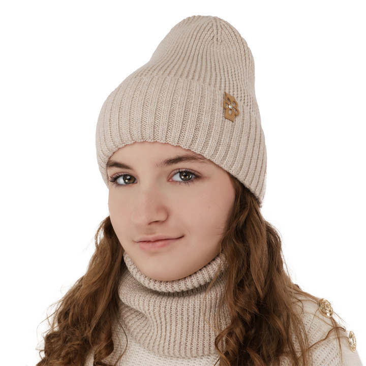 Meisjes winter set muts en buissjaal, beige, 100% Merino Wol, Nelita