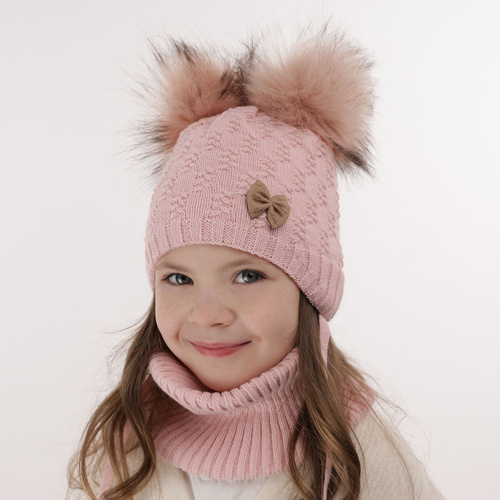 Meisjes winter set muts en buissjaal, beige, met twee pompons garen, met bindkoorden, Bettina