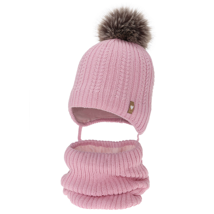 Meisjes winter set muts en buissjaal, roze, met merinowol, met garen pompon, met bindkoorden, Muanda