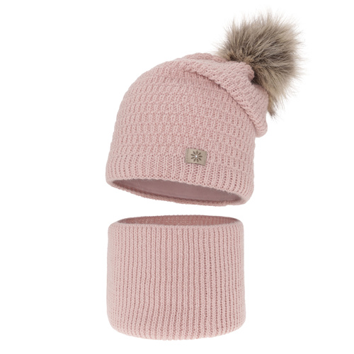 Meisjes winter set muts en buissjaal, roze, met garen pompon, Germina