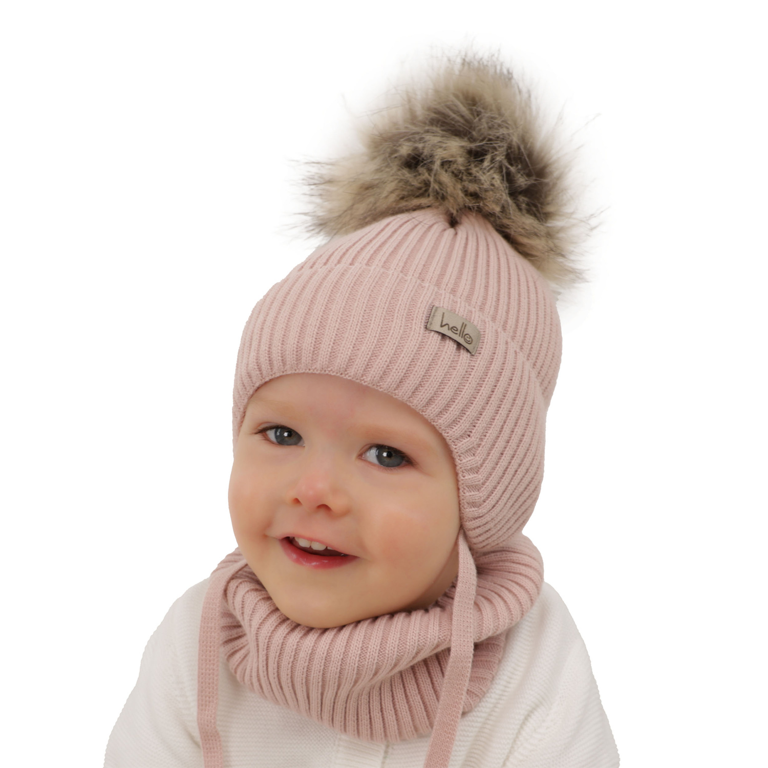 Meisjes winter set muts en buissjaal, beige, met bindkoorden, Bria