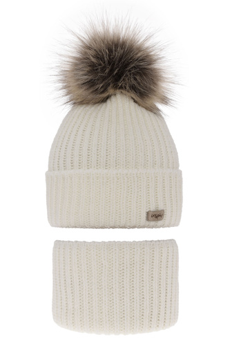 Meisjes winter set muts en buissjaal, creme, met garen pompon, Willow
