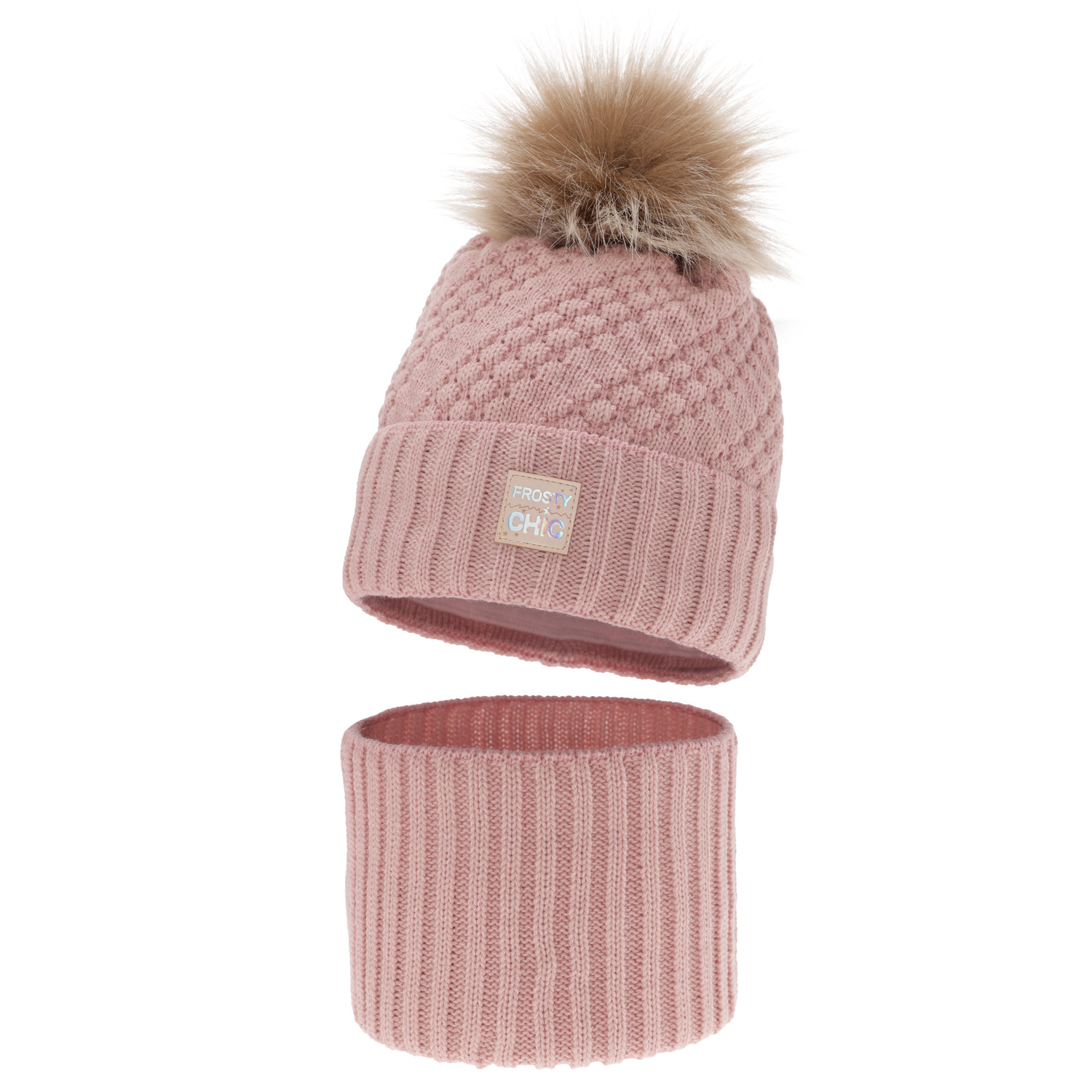 Meisjes winter set muts en buissjaal, Roze, Met garen pompon, Alena