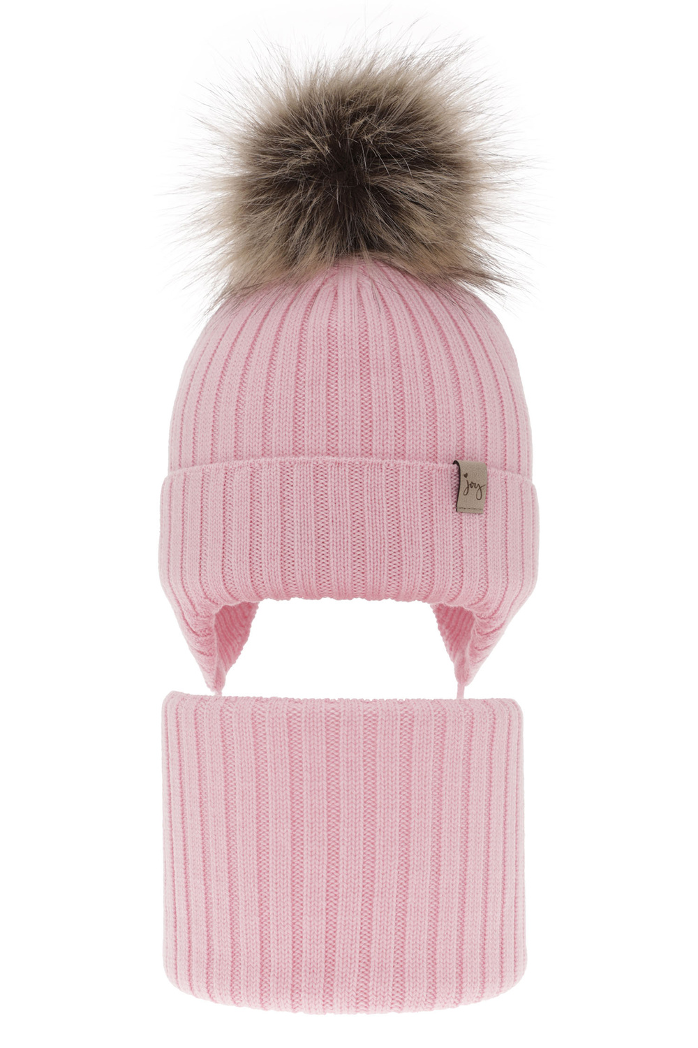 Meisjes winter set muts en buissjaal, roze, 100% Merino Wol, met bindkoorden, Junika