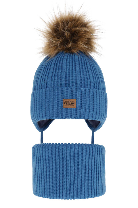 Jongens winter set muts en sjaal, blauw, met garen pompon, Eger
