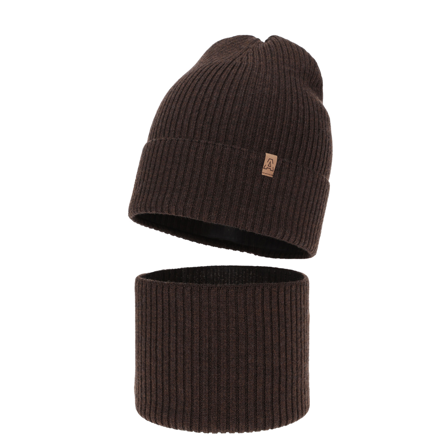 Jongens herfst/lente set muts en buissjaal, bruin, 100% Merino Wol, Lemas