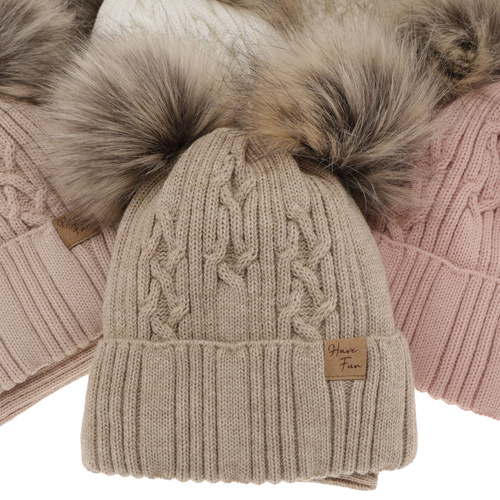 Meisjes winter set muts en buissjaal, roze, met twee pompons, Sierra
