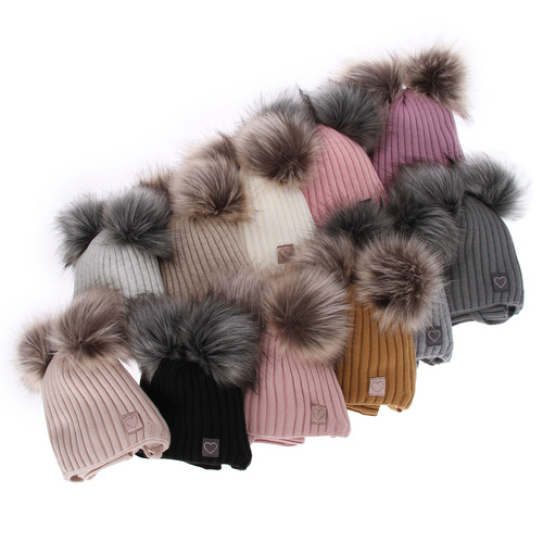 Meisjes winter set muts en buissjaal, zwart, met twee pompons garen, met bindkoorden, Telisa