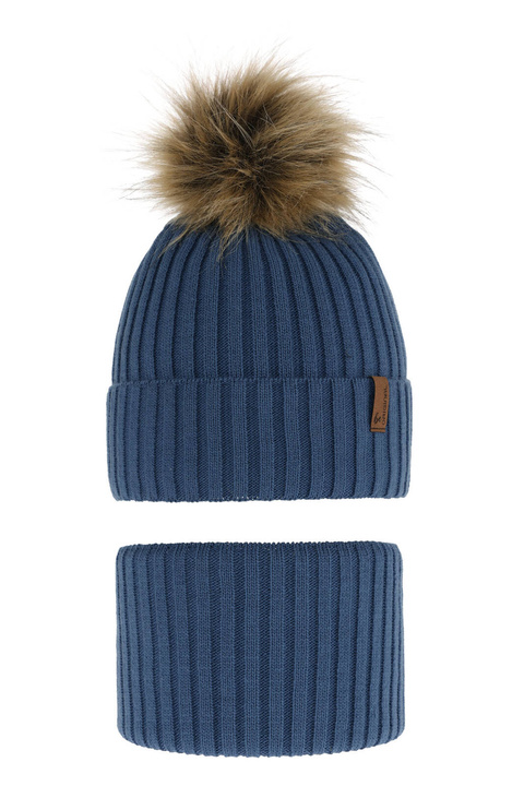Jongens winter set muts en sjaal, blauw, met garen pompon, Onyks