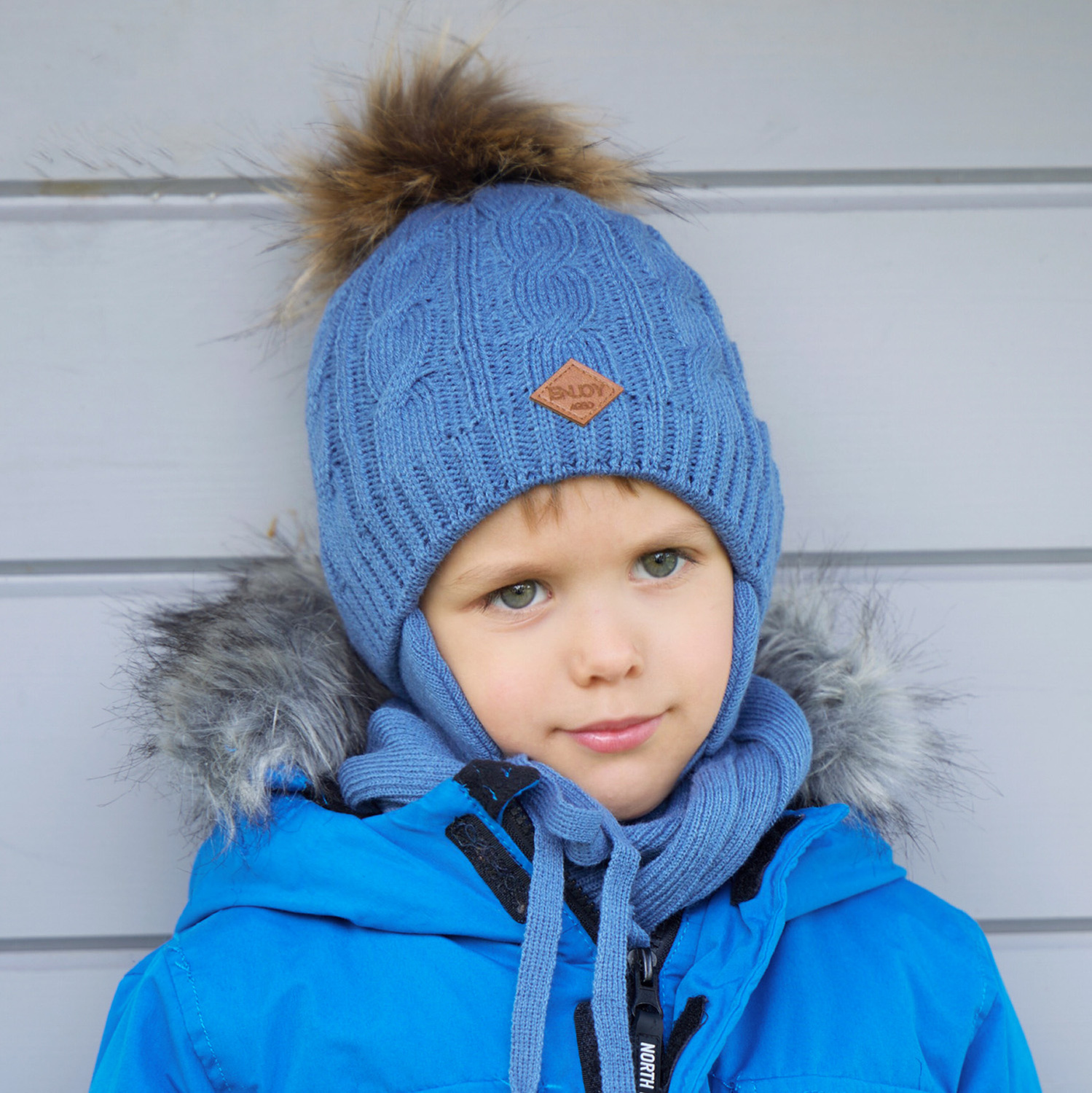 Jongens winter set, blauw, met garen pompon, met bindkoorden, Minor