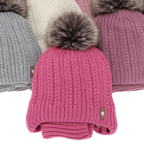 Meisjes winter set muts en buissjaal, beige, met merinowol, met garen pompon, met bindkoorden, Muanda