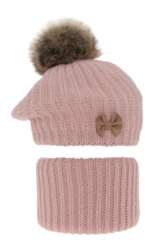 Meisjes winter set muts en buissjaal, roze, met garen pompon, Polinezja