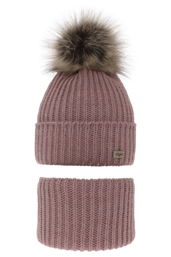 Meisjes winter set muts en buissjaal, Wrzosowy, met garen pompon, Willow