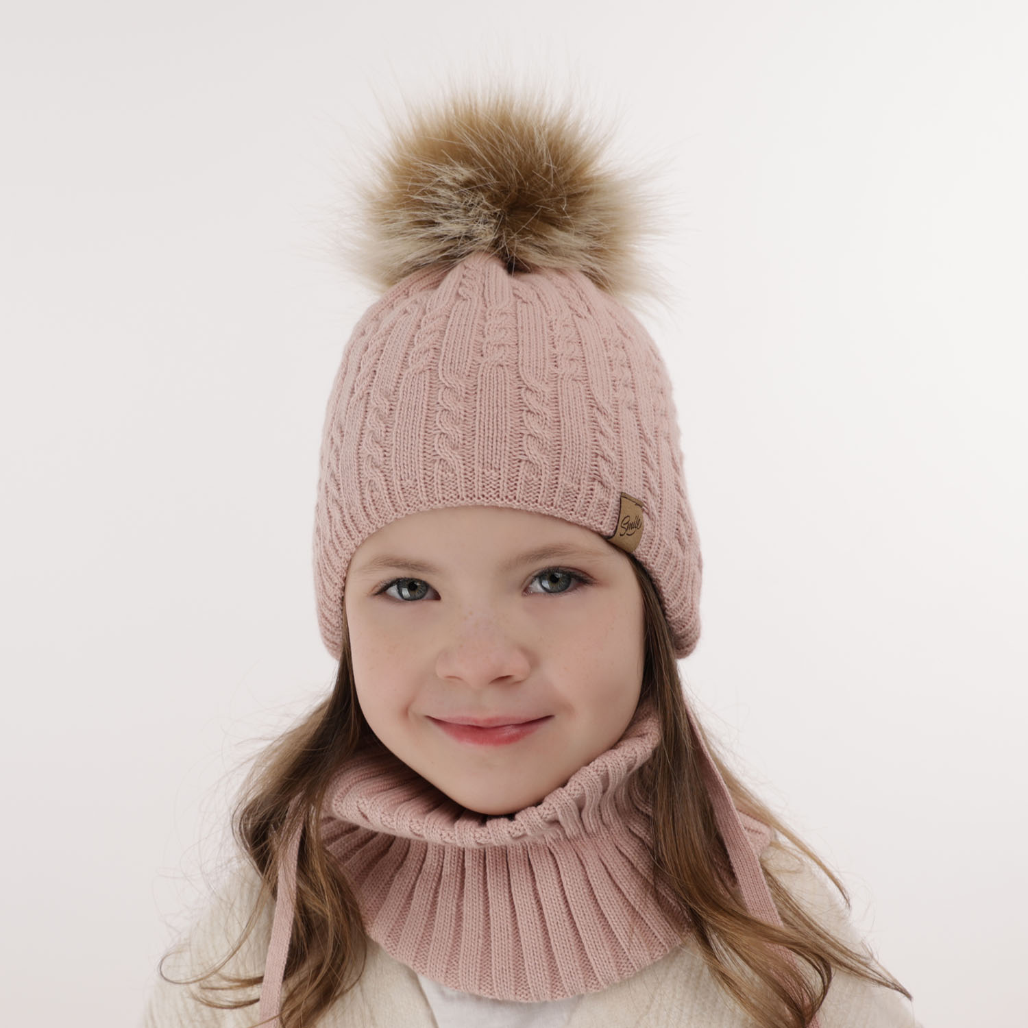 Meisjes winter set muts en buissjaal, wit, met garen pompon, Loreley