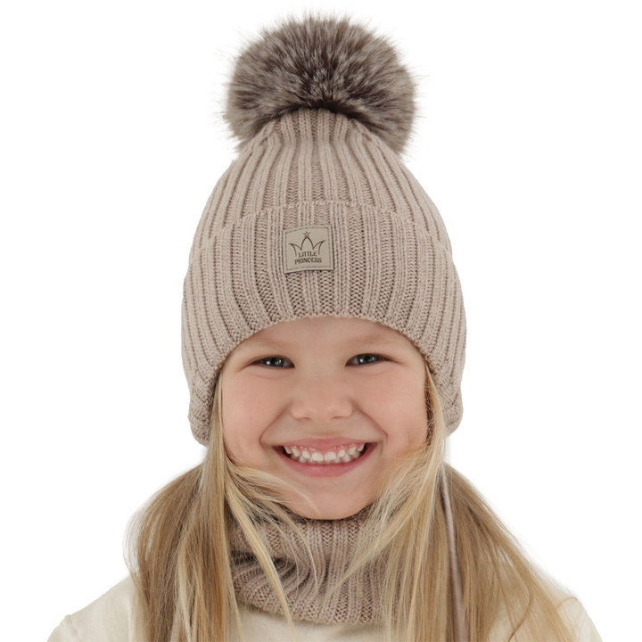 Meisjes winter set muts en buissjaal, beige, 100% Merino Wol, gevoerd met wolvilt, Martina