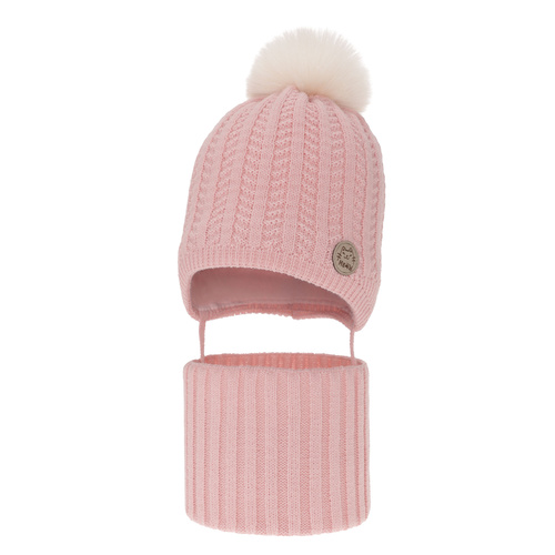 Meisjes winter set muts en buissjaal, roze, met garen pompon, Kenta