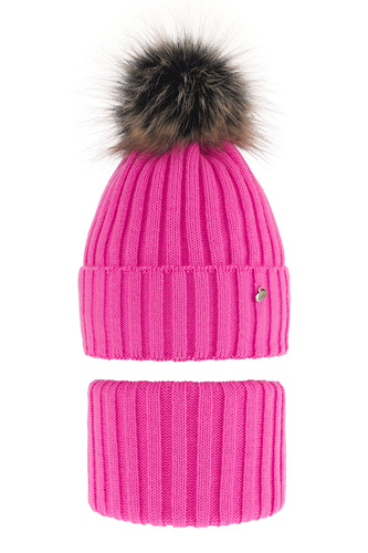 Meisjes winter set muts en sjaal, roze, met garen pompon, Wilma