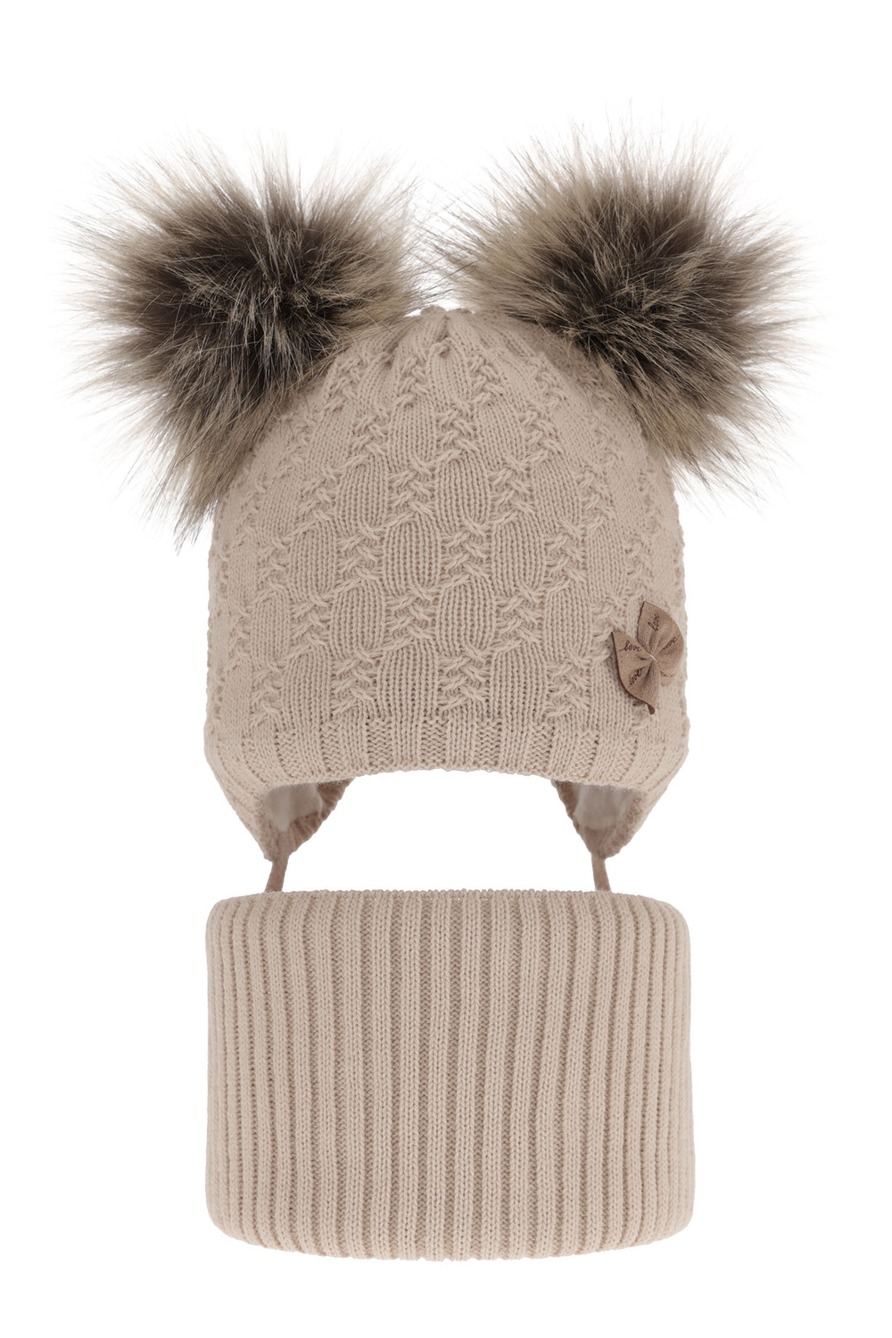 Meisjes winter set muts en buissjaal, beige, met twee pompons garen, met bindkoorden, Bettina