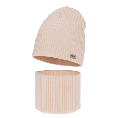 Meisjes herfst/lente set muts en buissjaal, lichtroze, 100% Merino Wol, Itra