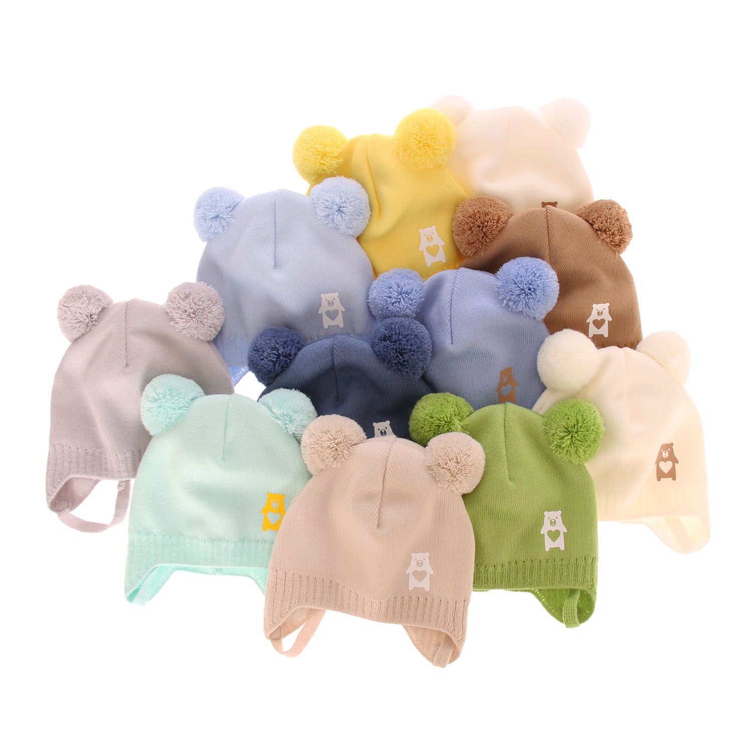 Jongens herfst/lente muts, camel, met twee pompons, met bindkoorden, Barney