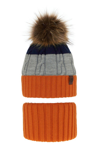 Jongens winter set, oranje, met garen pompon, Karmel
