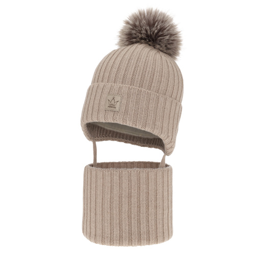 Meisjes winter set muts en buissjaal, beige, 100% Merino Wol, gevoerd met wolvilt, Martina