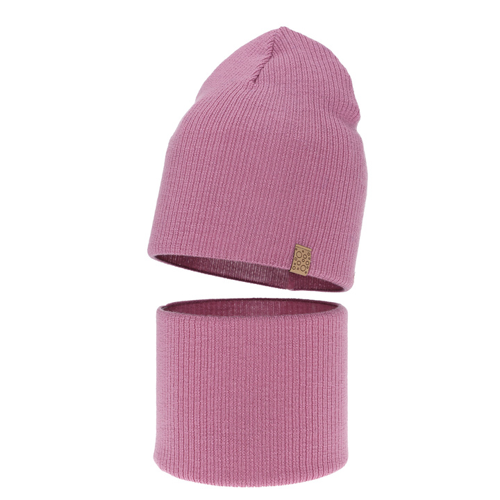 Meisjes herfst/lente set muts en buissjaal, paars, 100% Merino Wol, Ricona
