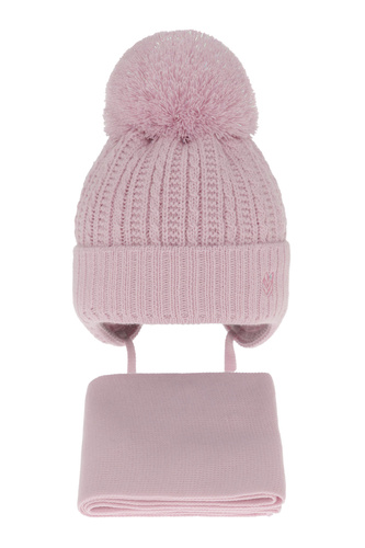 Meisjes winter set muts en sjaal, paars, met bindkoorden, met garen pompon, Marisa