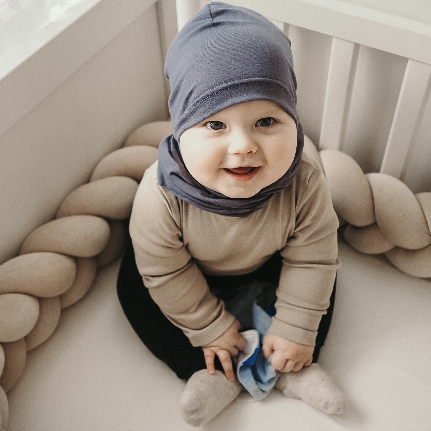 Jongens herfst/lente set muts en buissjaal, blauw, katoenen, Hazel