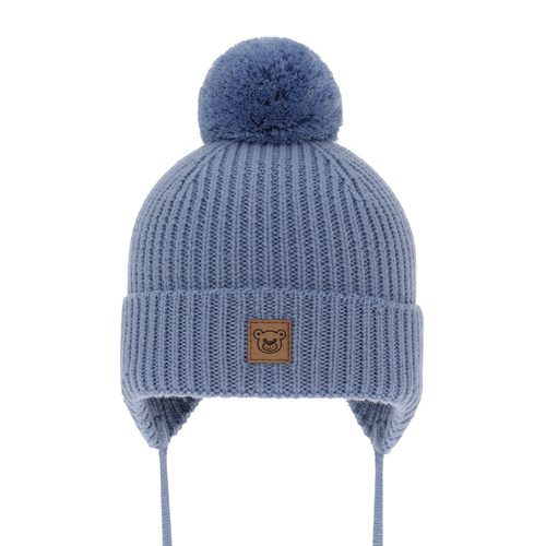 Jongens wintermuts, blauw, 100% Merino Wol, gevoerd met wolvilt, met bindkoorden, Tofik