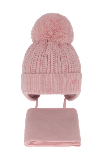 Meisjes winter set muts en sjaal, roze, met garen pompon, met bindkoorden, Marisa