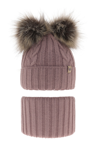 Meisjes winter set muts en buissjaal, amarant, met twee pompons, Amala