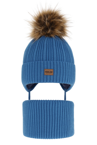 Jongens winter set muts en sjaal, blauw, met garen pompon, Eger