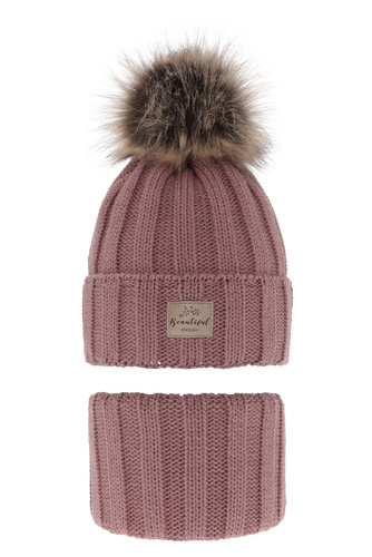 Meisjes winter set muts en buissjaal, amarant, met garen pompon, Kaliope