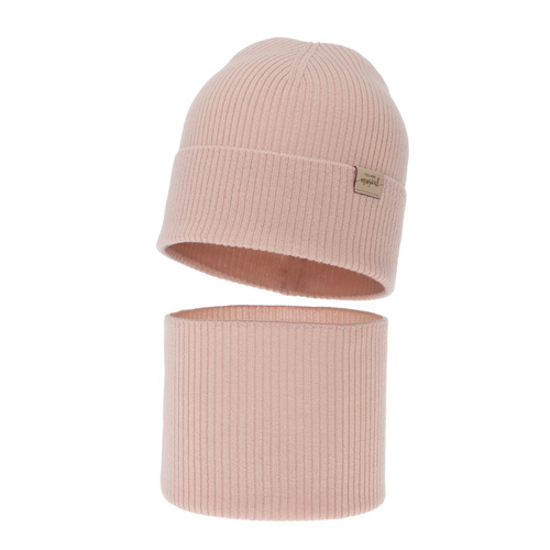 Tyttöjen syys/kevät setti: pipo ja putkihuivi, kremowy, 100% Merinovilla, Magenta