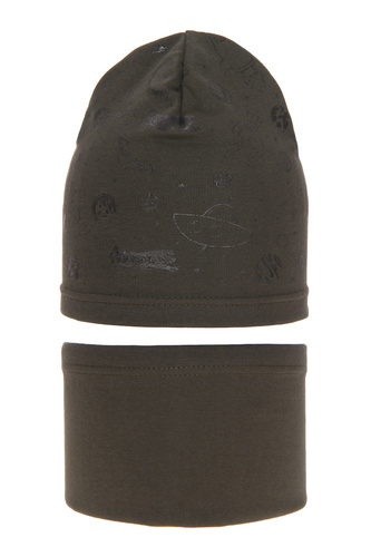 Jongens herfst/lente set muts en buissjaal, khaki, katoenen, Kosmos