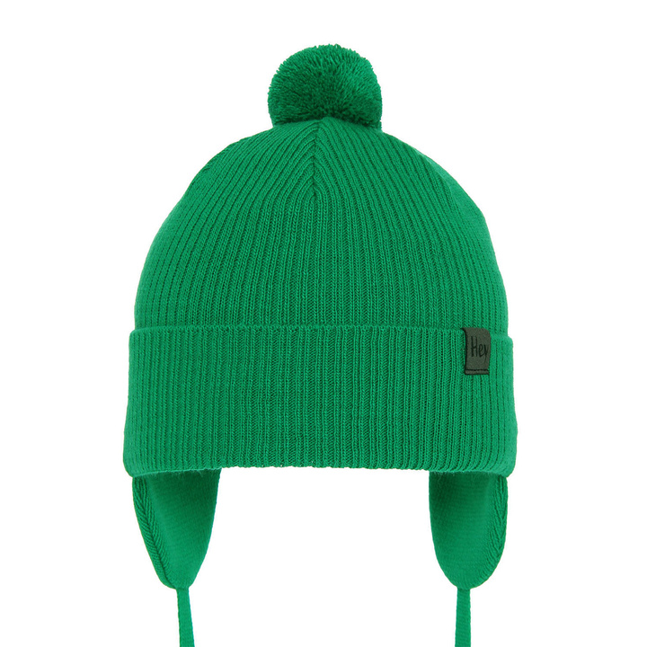 Jongens herfst/lente muts, groen, met garen pompon, met bindkoorden, Axel