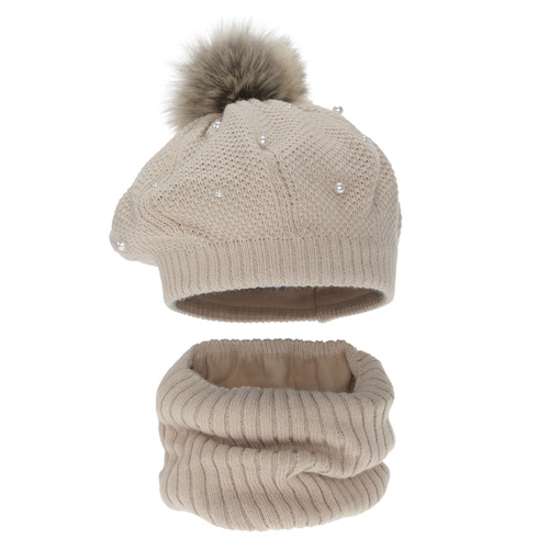 Tyttöjen talvinen beret ja putkihuivi setti, fleecevuorilla, beige, tupsulla, Jeanette