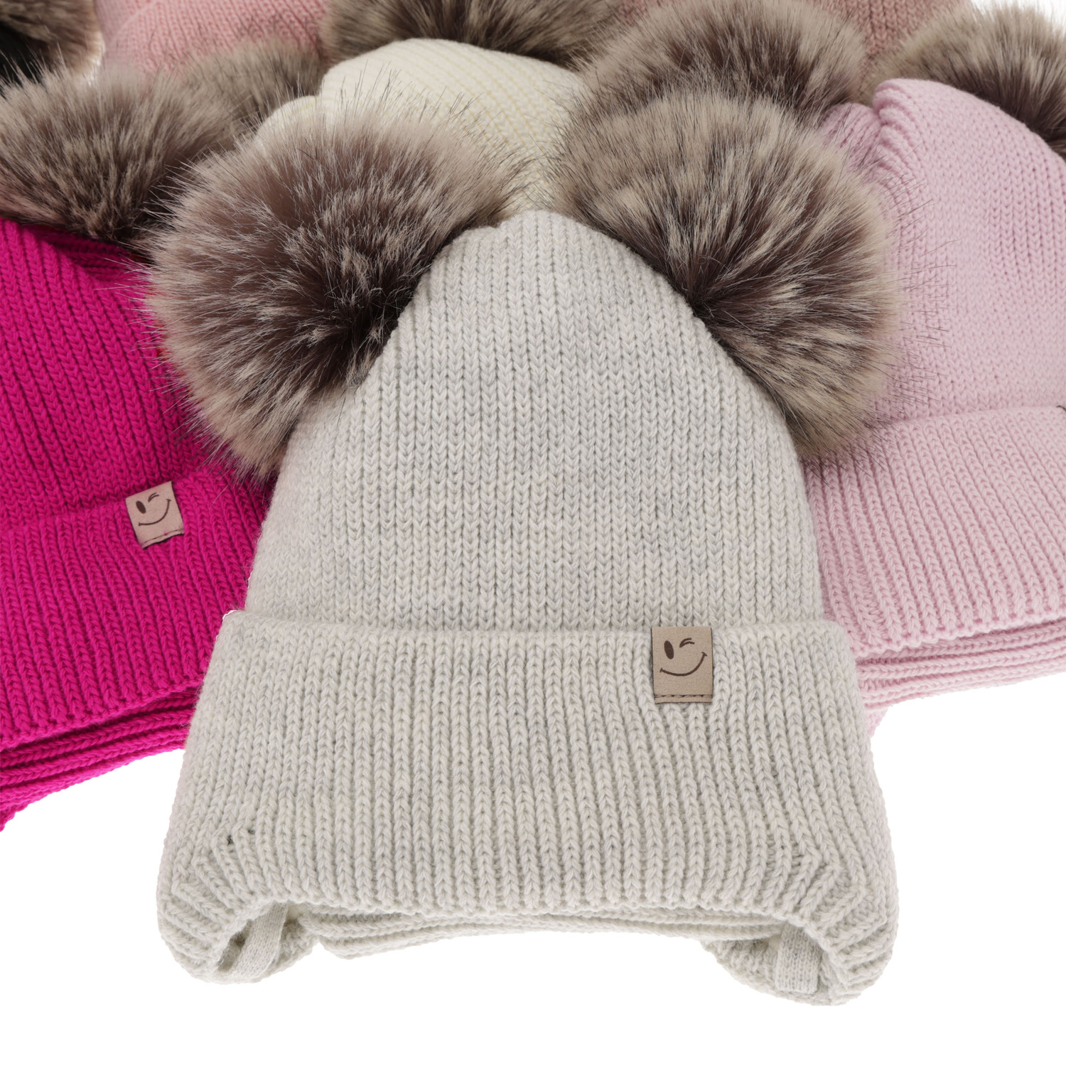 Meisjes winter set (muts en buissjaal), beige, met twee pompons garen, met bindkoorden, Zori