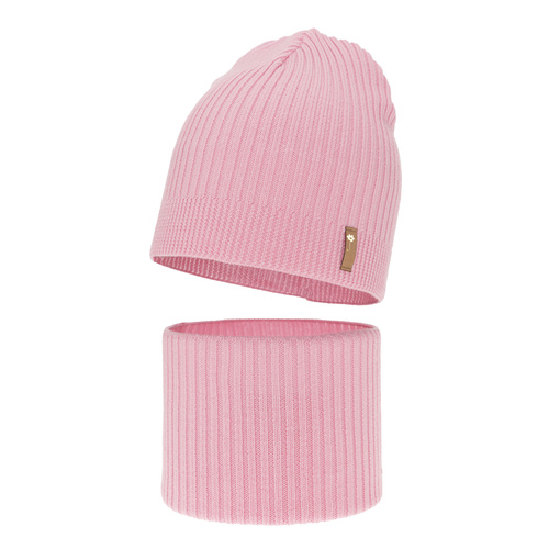 Meisjes herfst/lente set muts en buissjaal, roze, 100% Merino Wol, Chelsie